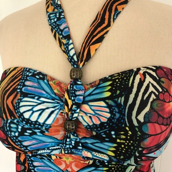 BECCA Rebecca Virtue M Bohemian Boho Butterfly Halter SWIMSUIT Tankini & Skirt - Picture 4 of 12